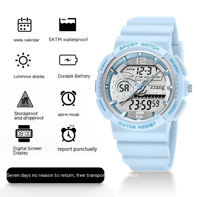Children's electronic watch with large digital dial and rubber strap in black and silver