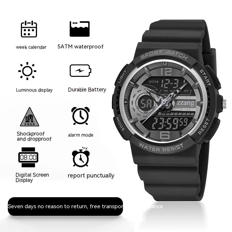 Children's electronic watch with large digital dial and rubber strap in black and silver