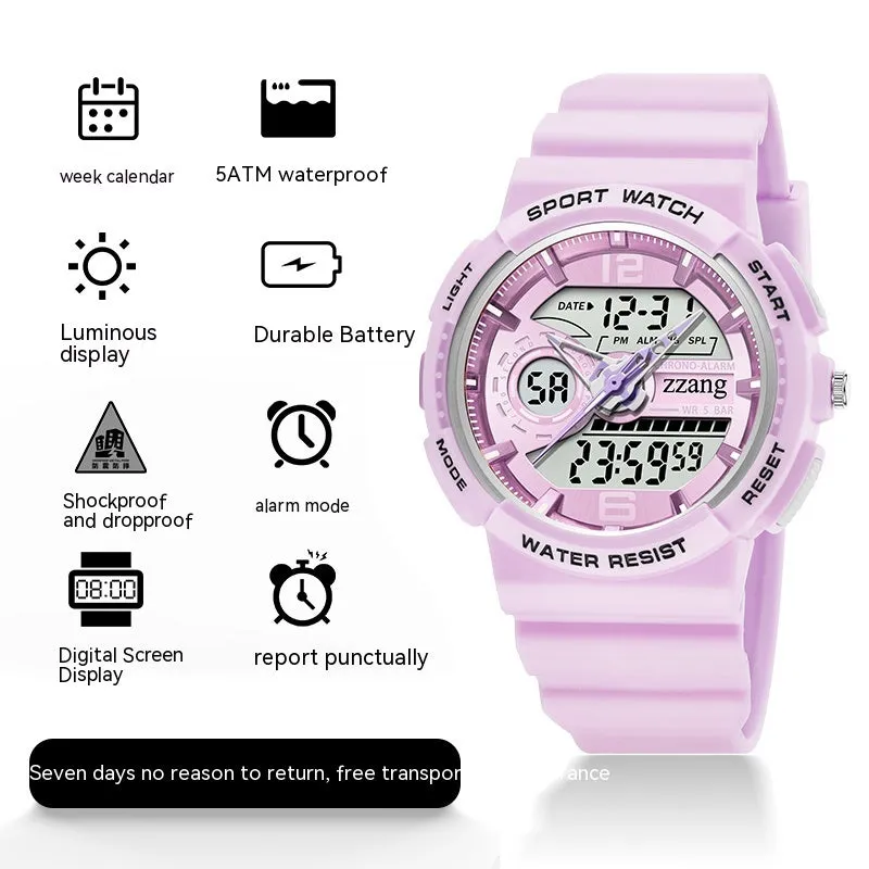 Children's electronic watch with large digital dial and rubber strap in black and silver