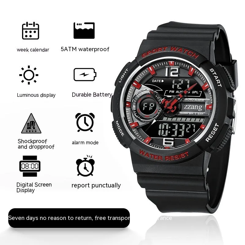 Children's electronic watch with large digital dial and rubber strap in black and silver