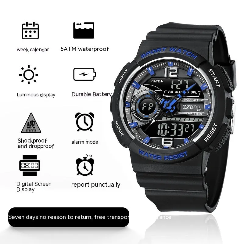 Children's electronic watch with large digital dial and rubber strap in black and silver