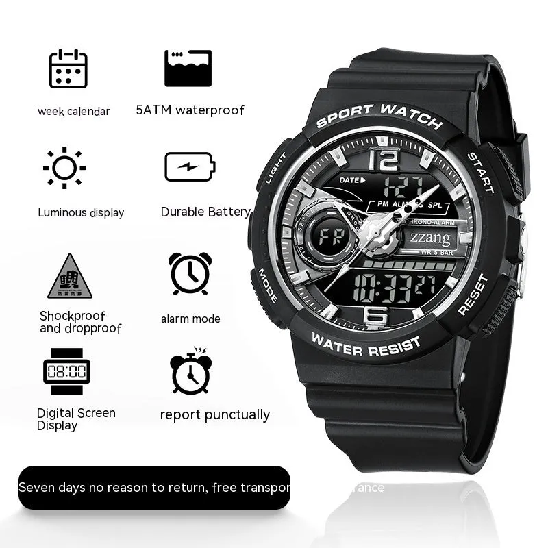Children's electronic watch with large digital dial and rubber strap in black and silver