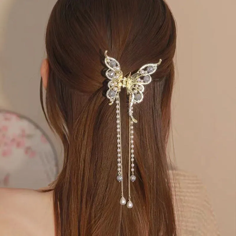 Women's alloy hair grab clip with butterfly tassel, handcrafted retro literary style, 8x8.5 cm butterfly and 15 cm tassel