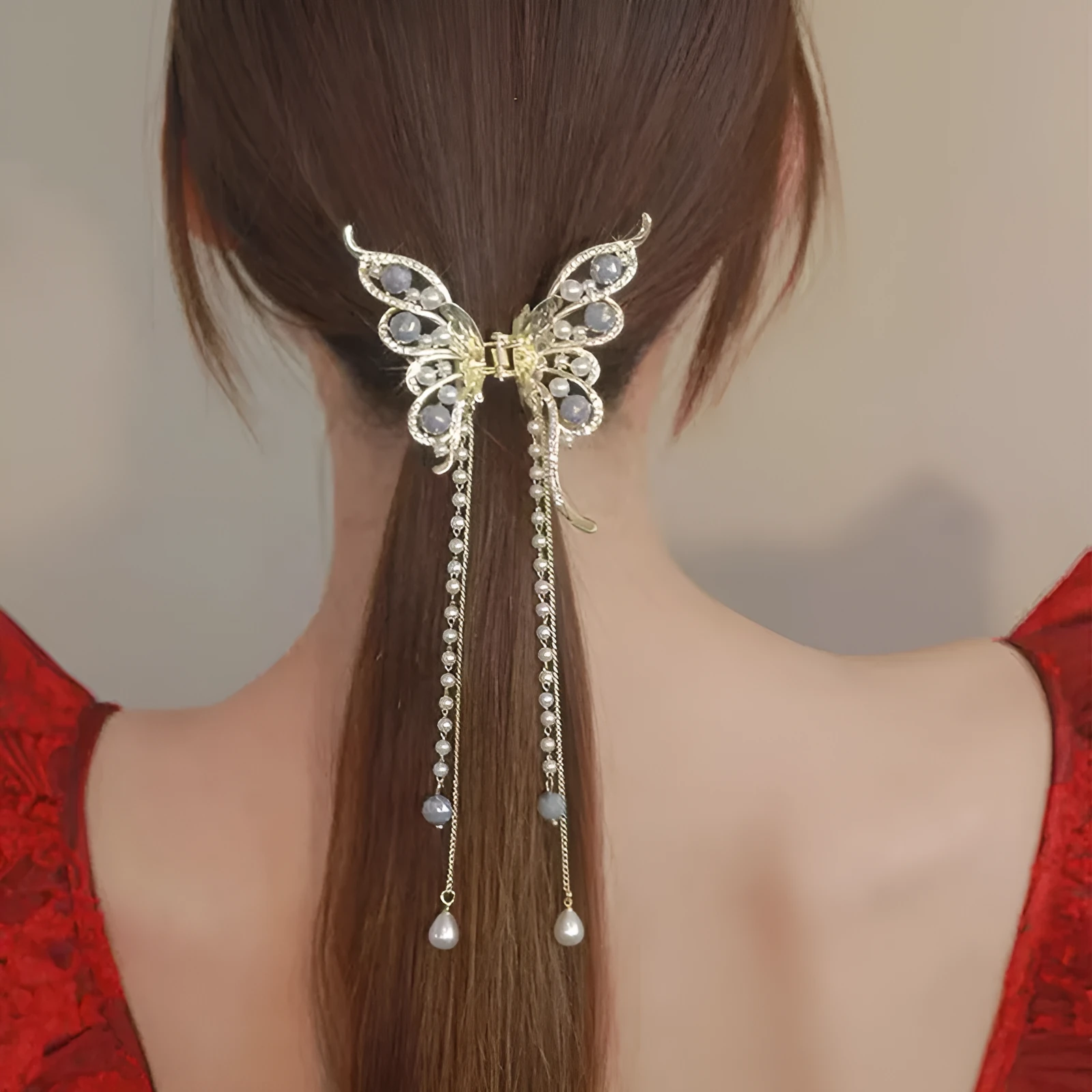Women's alloy hair grab clip with butterfly tassel, handcrafted retro literary style, 8x8.5 cm butterfly and 15 cm tassel