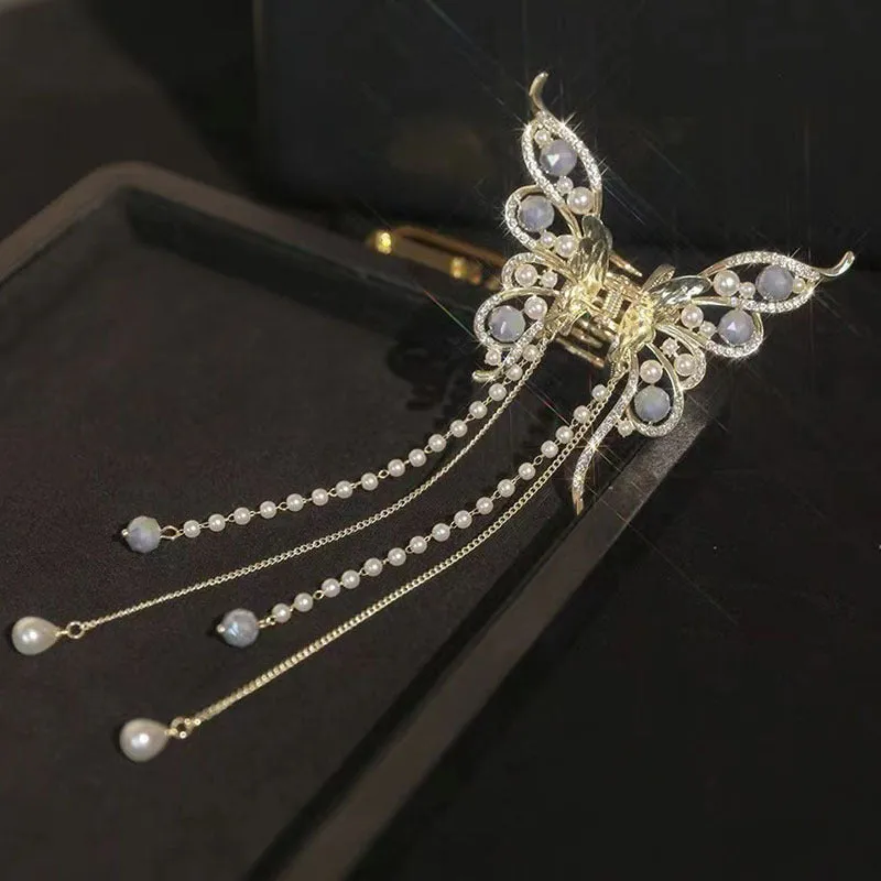Women's alloy hair grab clip with butterfly tassel, handcrafted retro literary style, 8x8.5 cm butterfly and 15 cm tassel