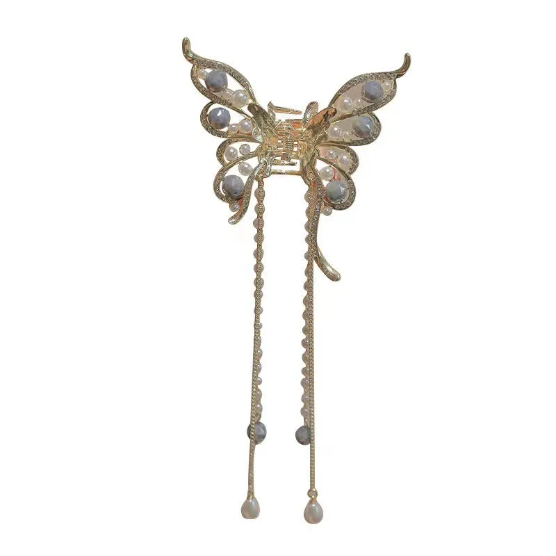 Women's alloy hair grab clip with butterfly tassel, handcrafted retro literary style, 8x8.5 cm butterfly and 15 cm tassel