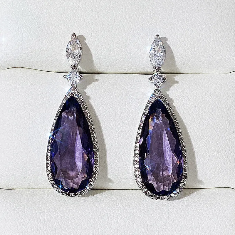 Micro-inlaid purple zircon long drop women bridal earrings with copper base