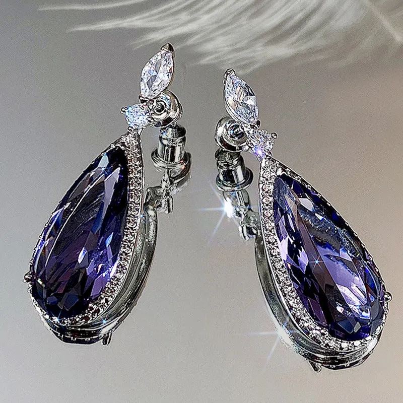 Micro-inlaid purple zircon long drop women bridal earrings with copper base