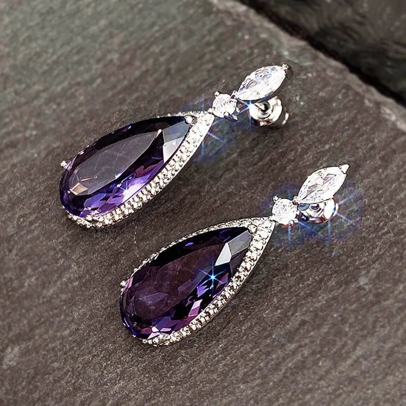Micro-inlaid purple zircon long drop women bridal earrings with copper base