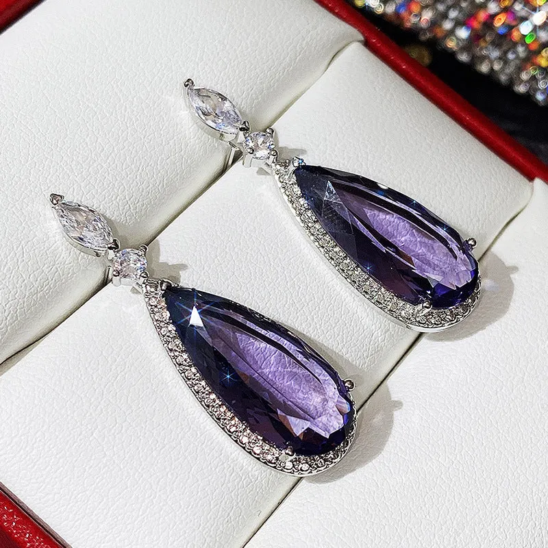 Micro-inlaid purple zircon long drop women bridal earrings with copper base
