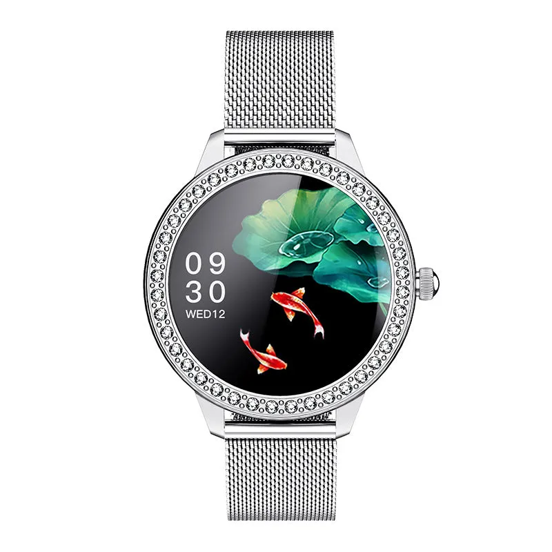 Gold sleep health monitoring sports bracelet with stainless steel band and 1.09 inch TFT screen on wrist.