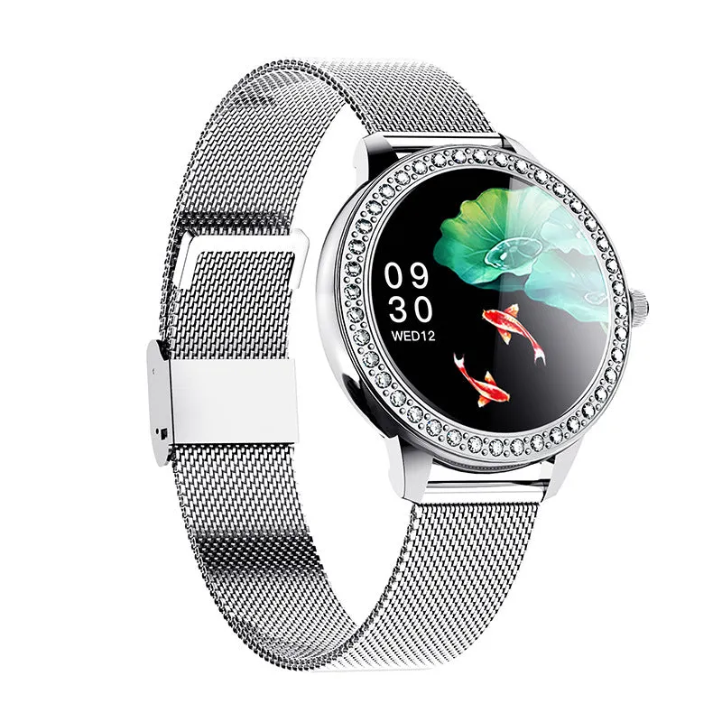 Gold sleep health monitoring sports bracelet with stainless steel band and 1.09 inch TFT screen on wrist.