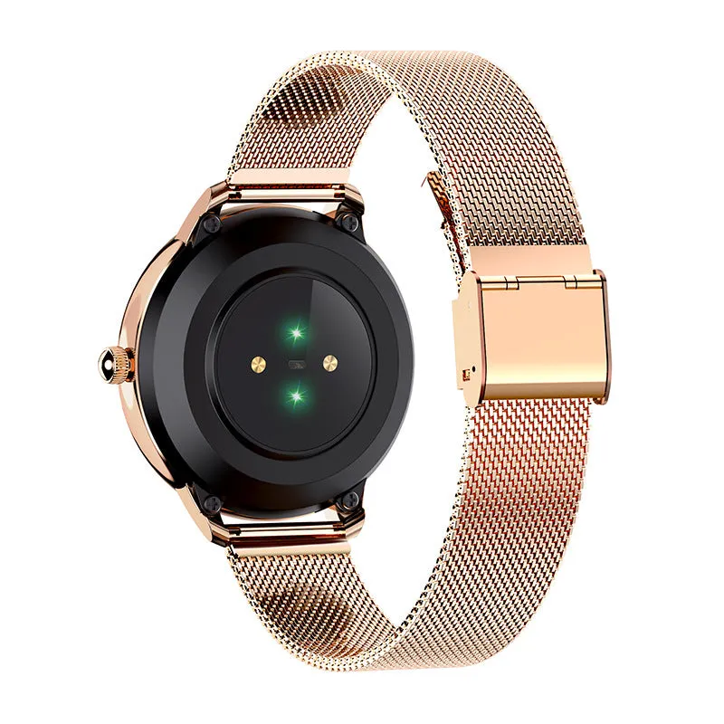 Gold sleep health monitoring sports bracelet with stainless steel band and 1.09 inch TFT screen on wrist.