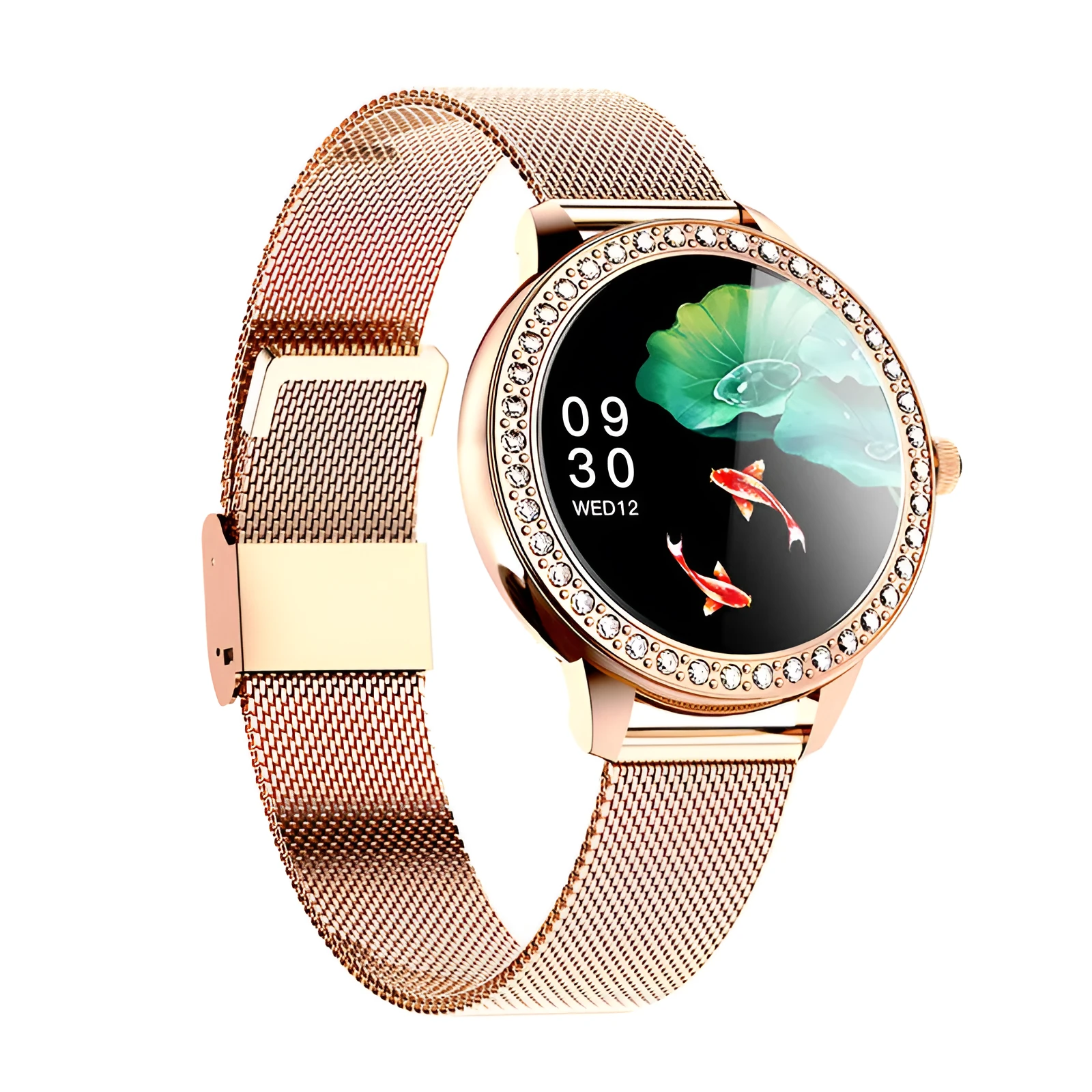 Gold sleep health monitoring sports bracelet with stainless steel band and 1.09 inch TFT screen on wrist.