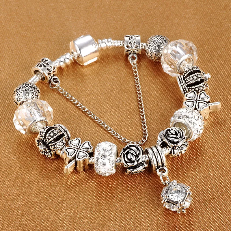 Multicolour beaded bracelet with alloy, glazed, and diamond beads on a white background
