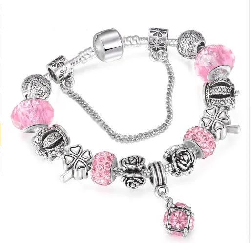Multicolour beaded bracelet with alloy, glazed, and diamond beads on a white background