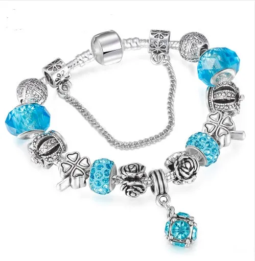 Multicolour beaded bracelet with alloy, glazed, and diamond beads on a white background