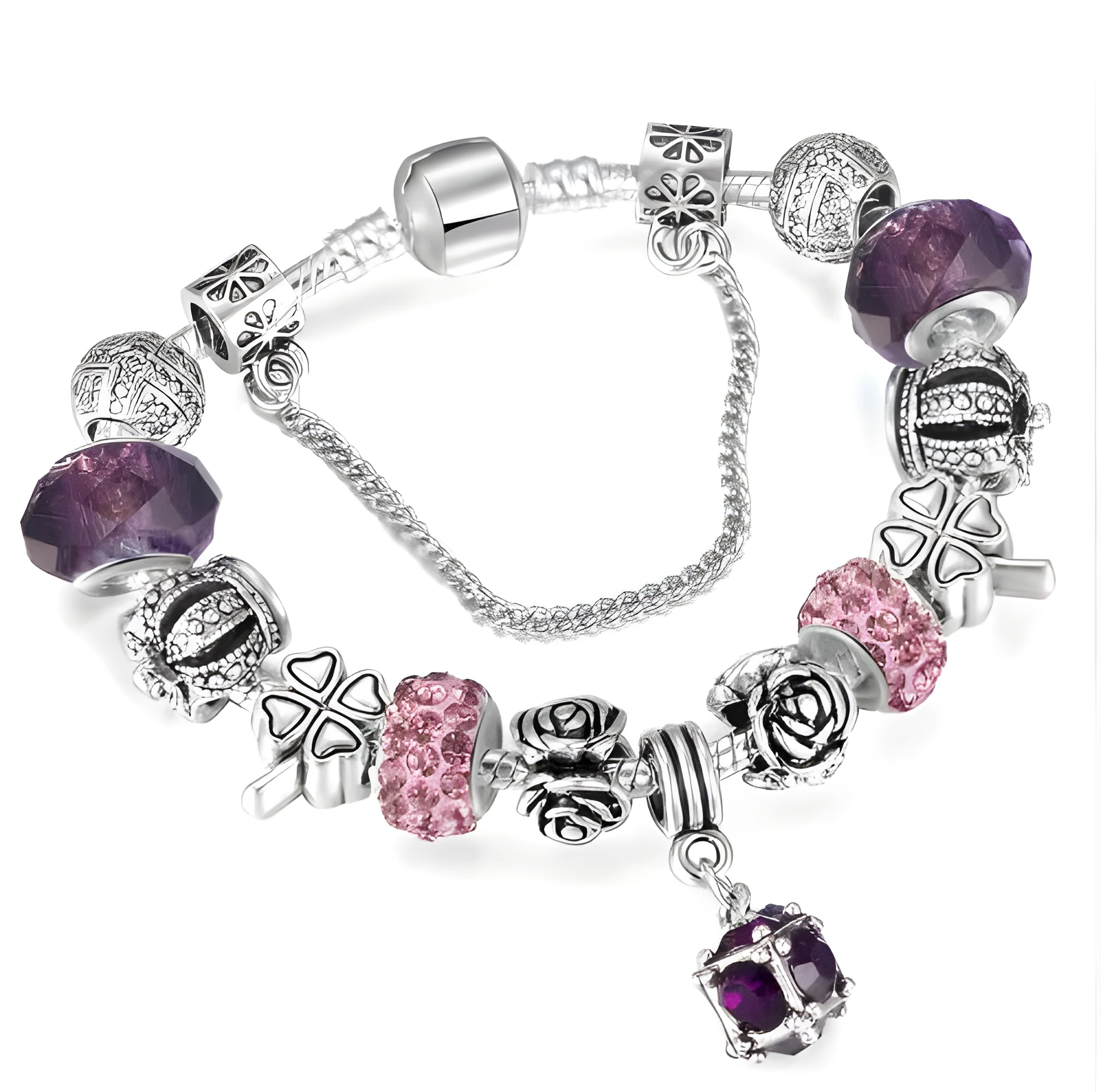 Multicolour beaded bracelet with alloy, glazed, and diamond beads on a white background