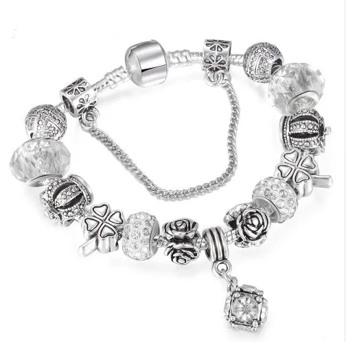 Multicolour beaded bracelet with alloy, glazed, and diamond beads on a white background