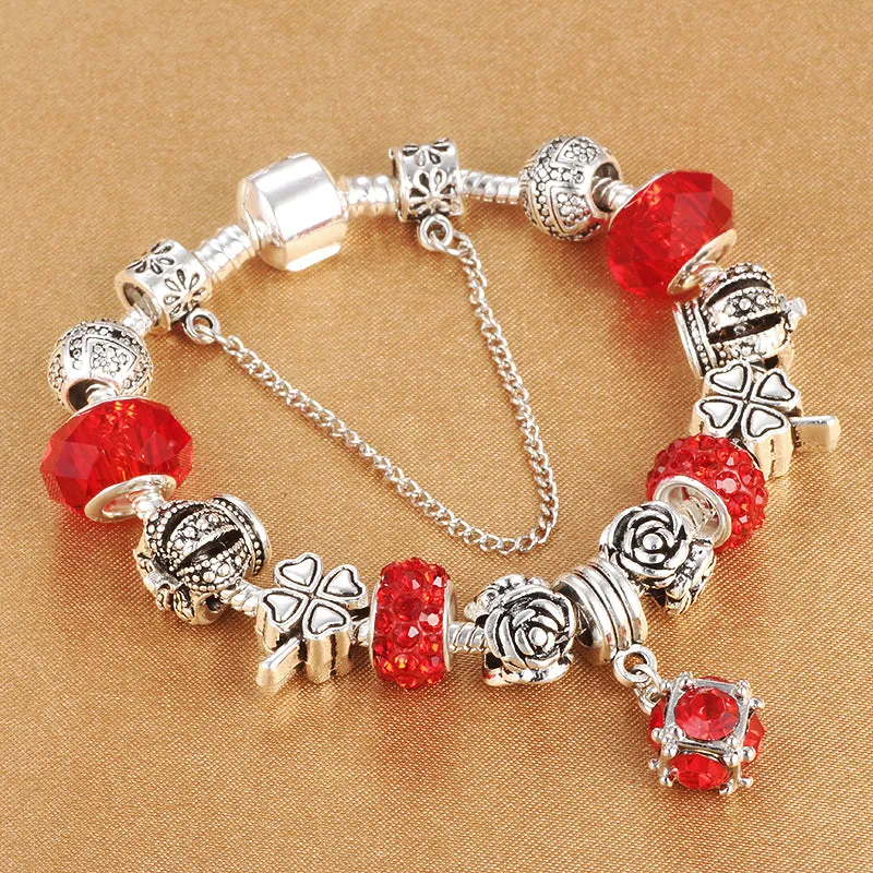 Multicolour beaded bracelet with alloy, glazed, and diamond beads on a white background