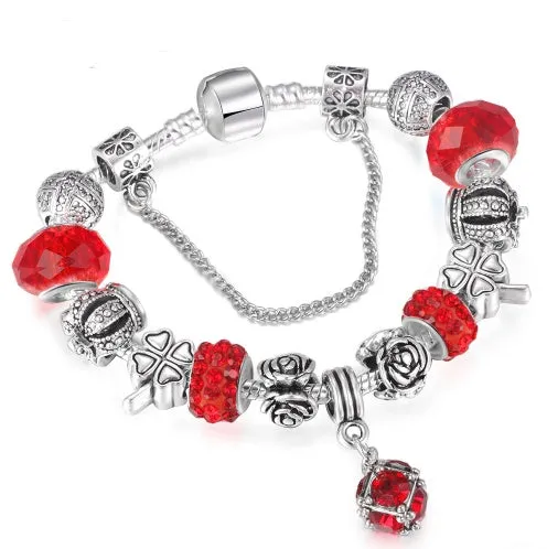 Multicolour beaded bracelet with alloy, glazed, and diamond beads on a white background