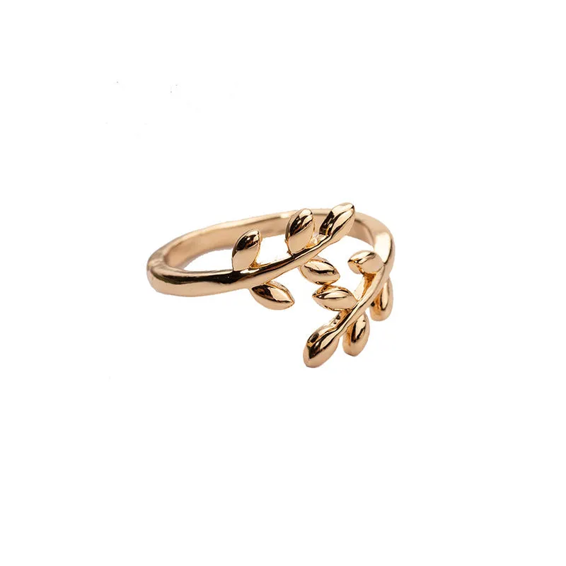 Women leaf ring in copper with adjustable band, golden finish