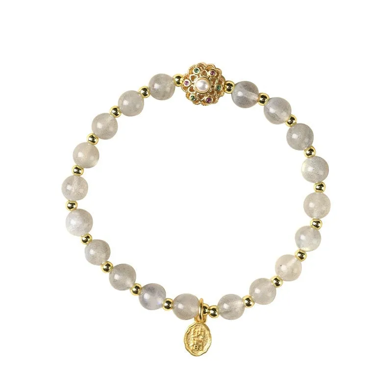 Hand-woven gray moonstone crystal bracelet with pink sunstone and peach strawberry quartz beads