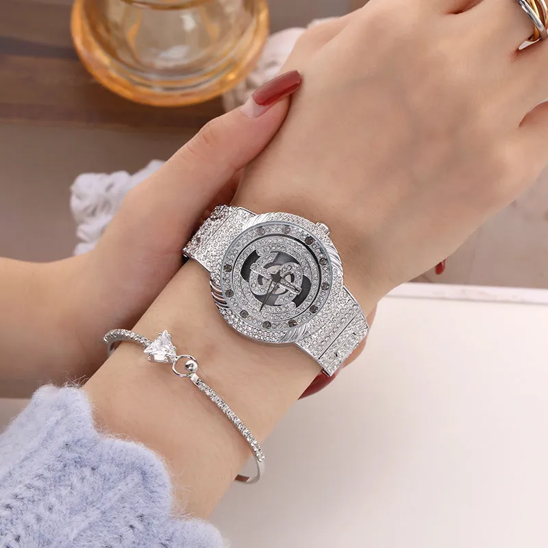 Gold women's rotating dial quartz watch with diamond decoration, 28mm round metal case, cowhide strap, mineral glass