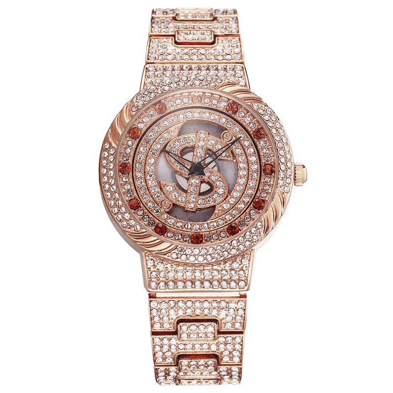 Gold women's rotating dial quartz watch with diamond decoration, 28mm round metal case, cowhide strap, mineral glass