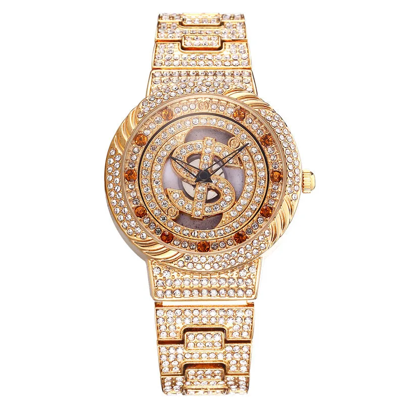 Gold women's rotating dial quartz watch with diamond decoration, 28mm round metal case, cowhide strap, mineral glass
