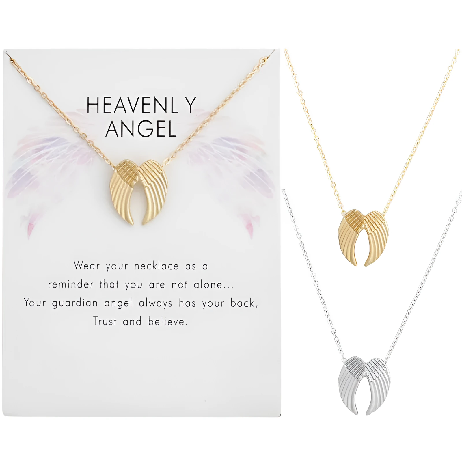 Angel Wings pendant necklace in gold alloy with 45cm chain and lobster clasp on card