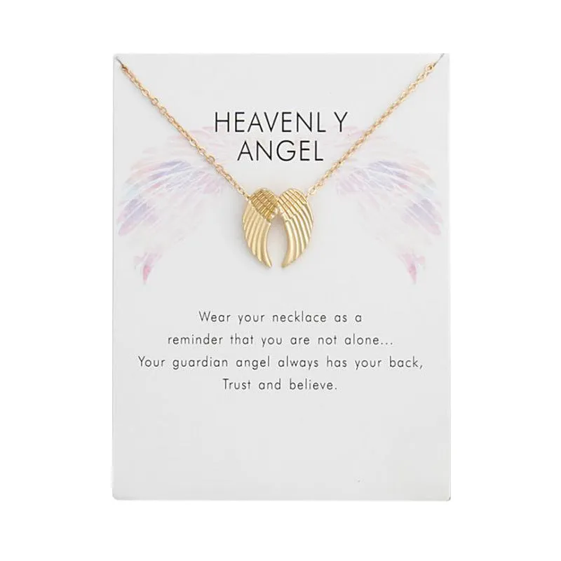Angel Wings pendant necklace in gold alloy with 45cm chain and lobster clasp on card