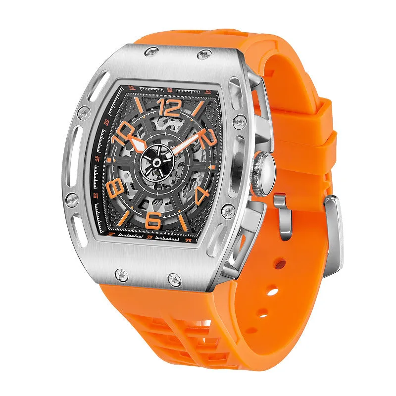 Men's barrel-shaped large dial watch with black ribbon silicone strap, alloy case, and mineral glass