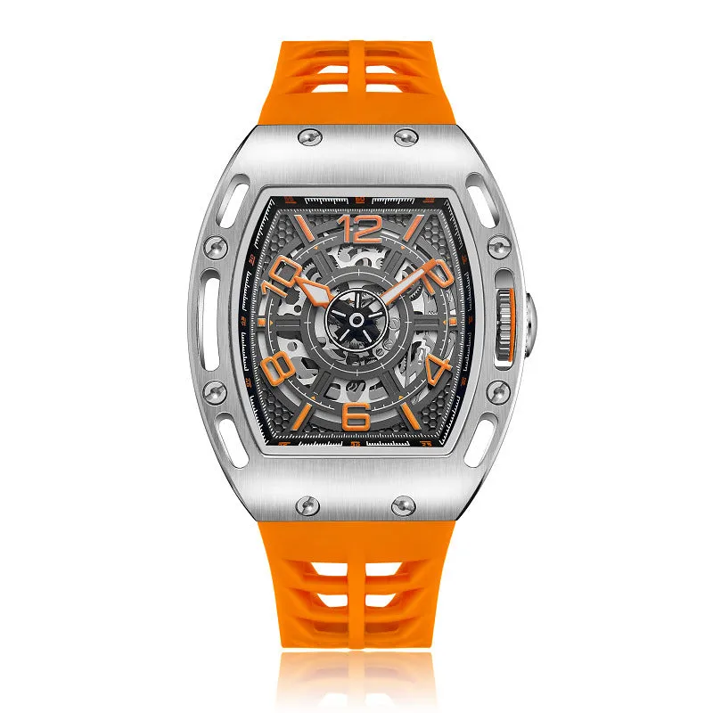 Men's barrel-shaped large dial watch with black ribbon silicone strap, alloy case, and mineral glass