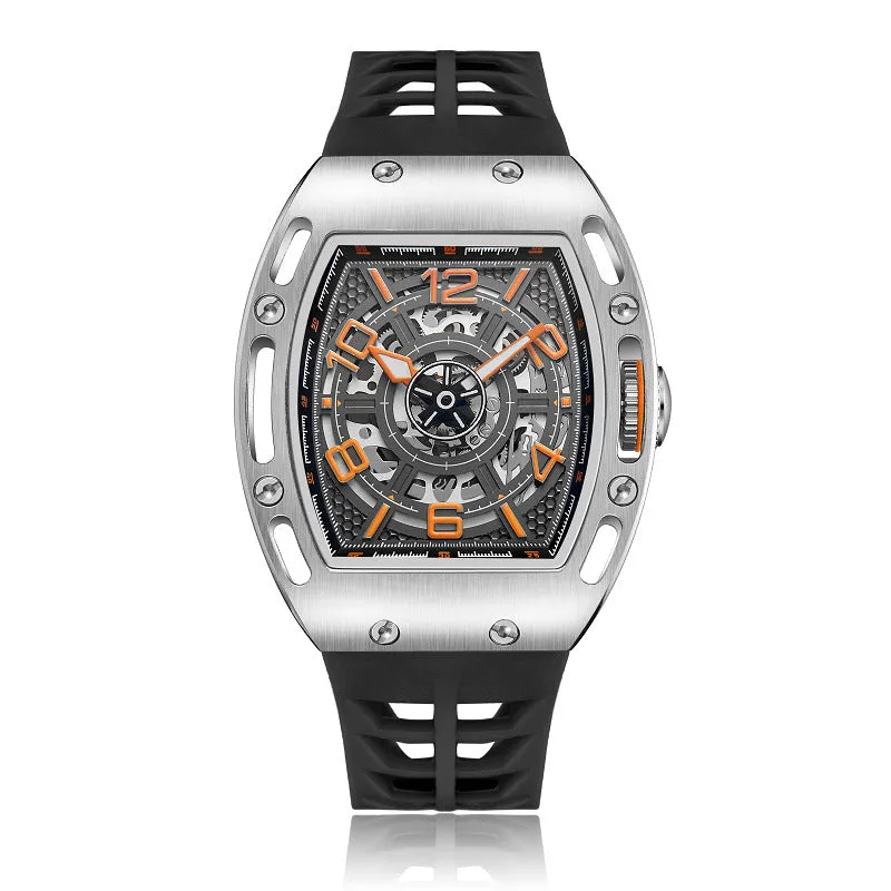Men's barrel-shaped large dial watch with black ribbon silicone strap, alloy case, and mineral glass