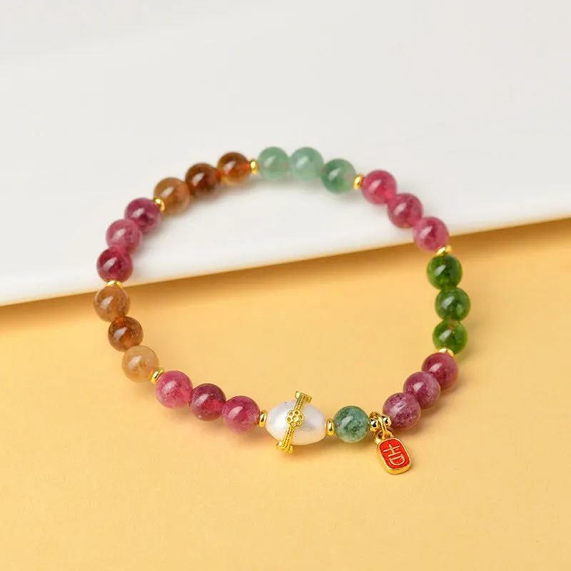 Geometric chalcedony and tourmaline crystal bracelet with 6.5mm beads