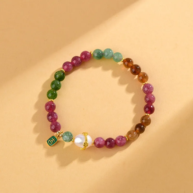 Geometric chalcedony and tourmaline crystal bracelet with 6.5mm beads