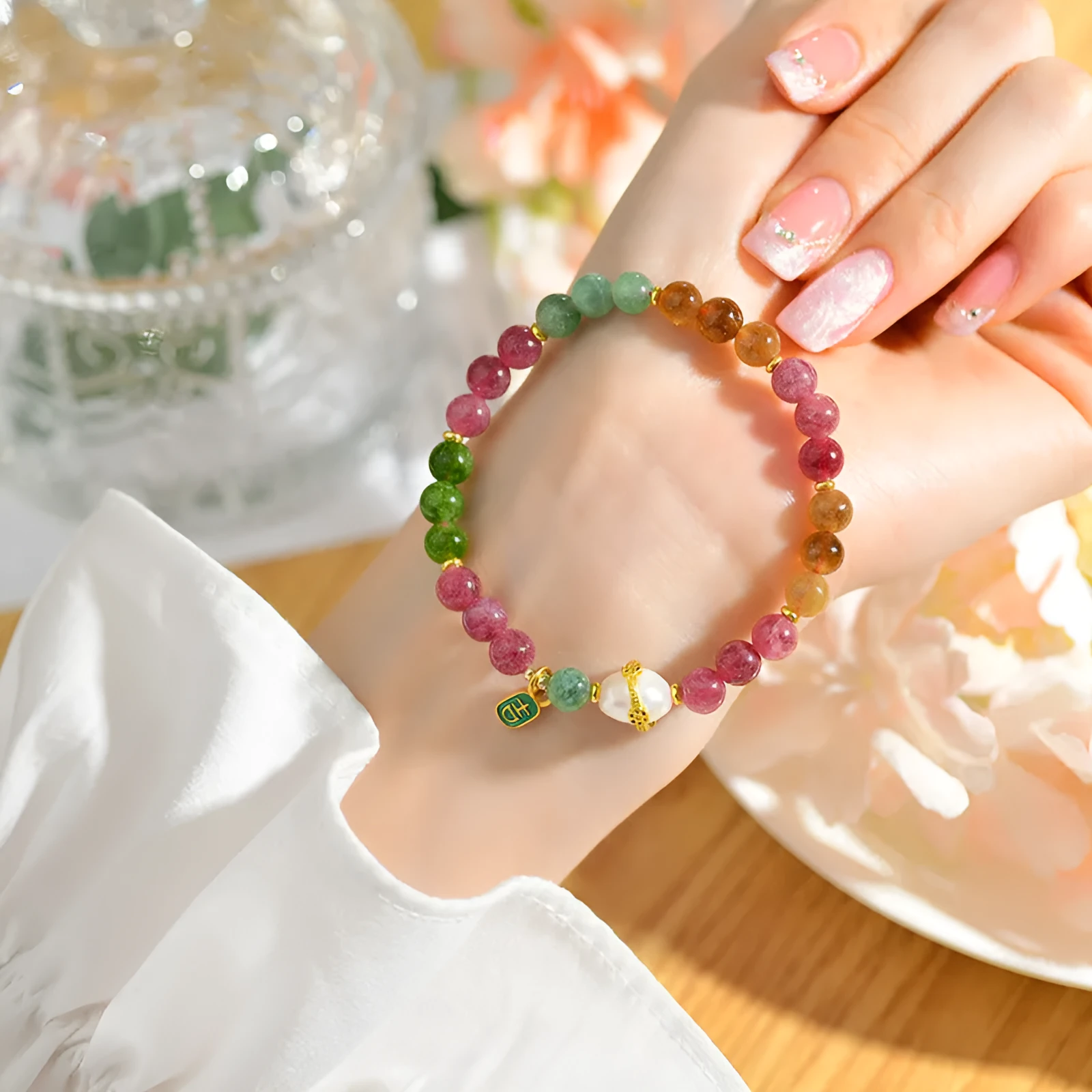 Geometric chalcedony and tourmaline crystal bracelet with 6.5mm beads