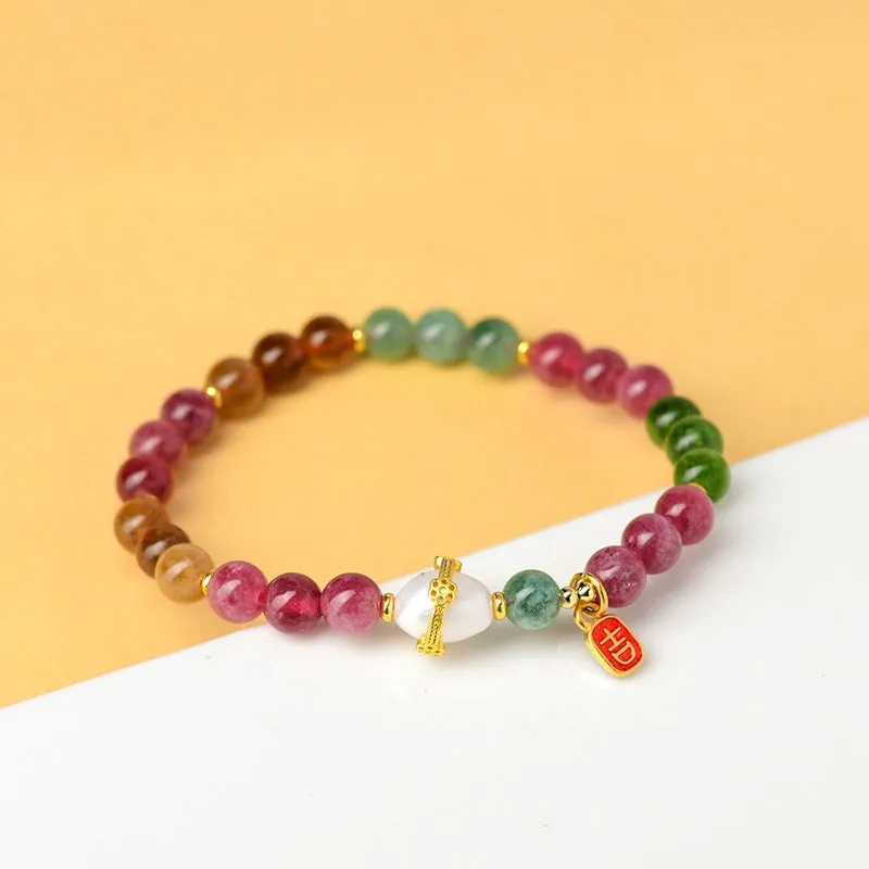 Geometric chalcedony and tourmaline crystal bracelet with 6.5mm beads