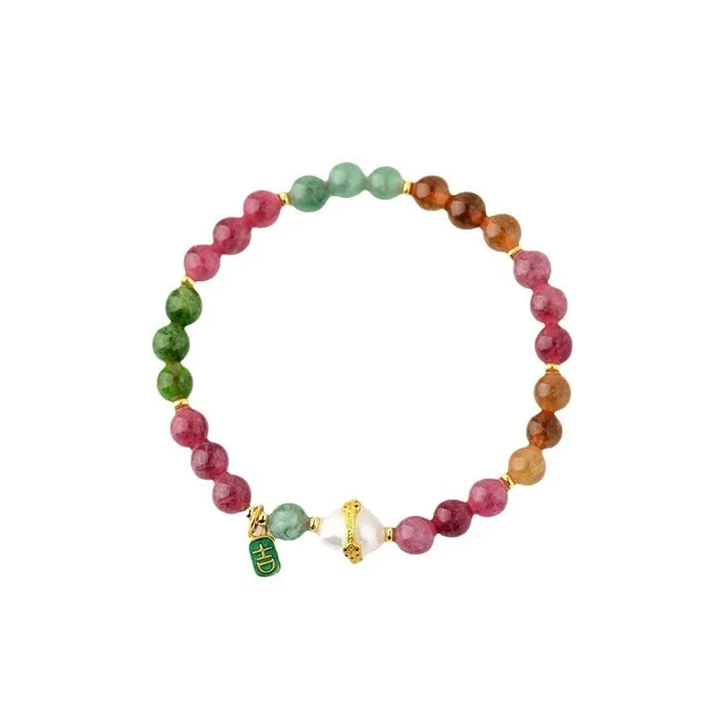 Geometric chalcedony and tourmaline crystal bracelet with 6.5mm beads