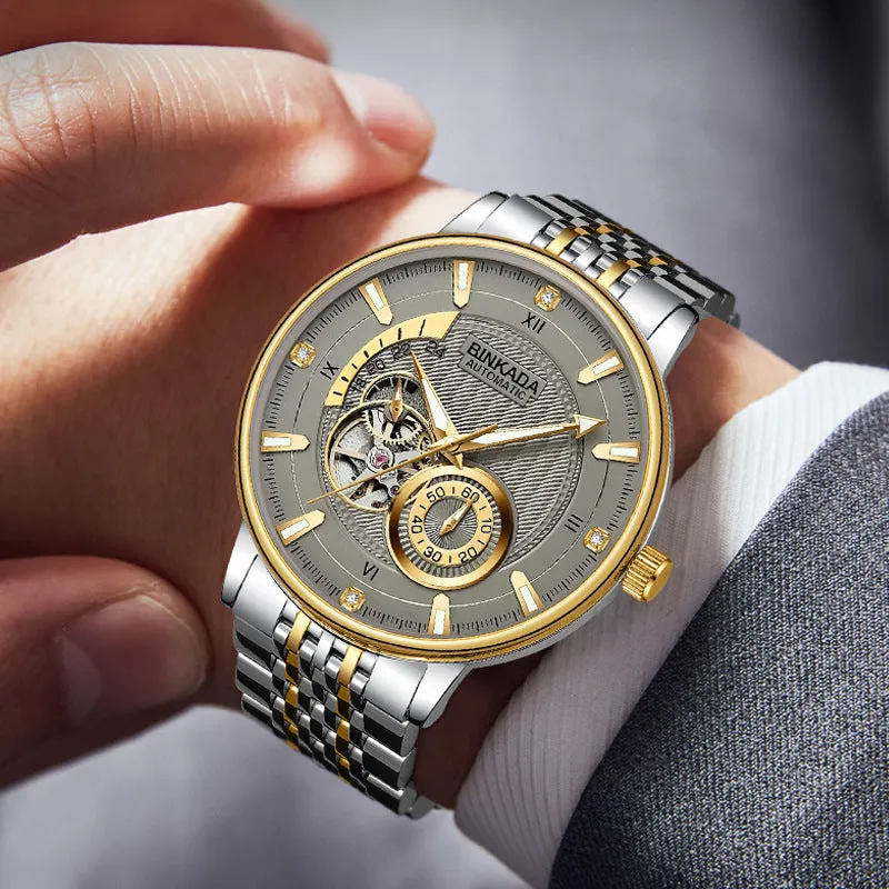 Gold white surface men's automatic waterproof mechanical watch with multi-function dial and 9mm thickness