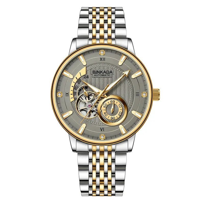 Gold white surface men's automatic waterproof mechanical watch with multi-function dial and 9mm thickness
