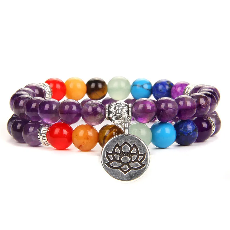 Seven chakra yoga energy bracelet with natural agate stones in unisex geometry design