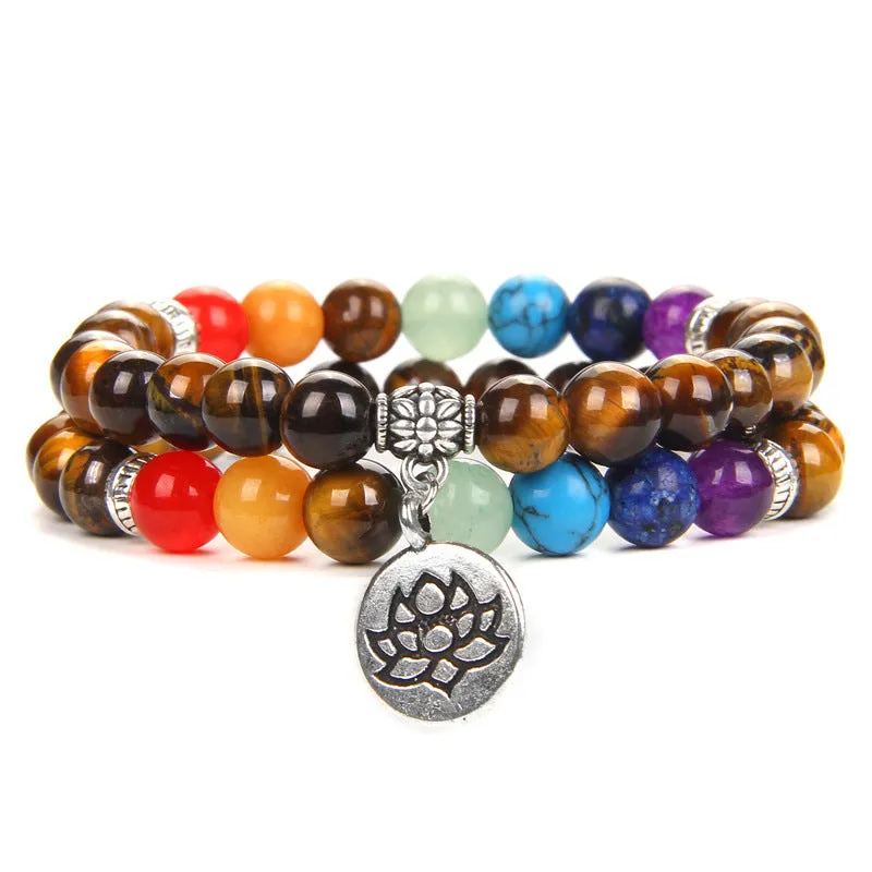 Seven chakra yoga energy bracelet with natural agate stones in unisex geometry design