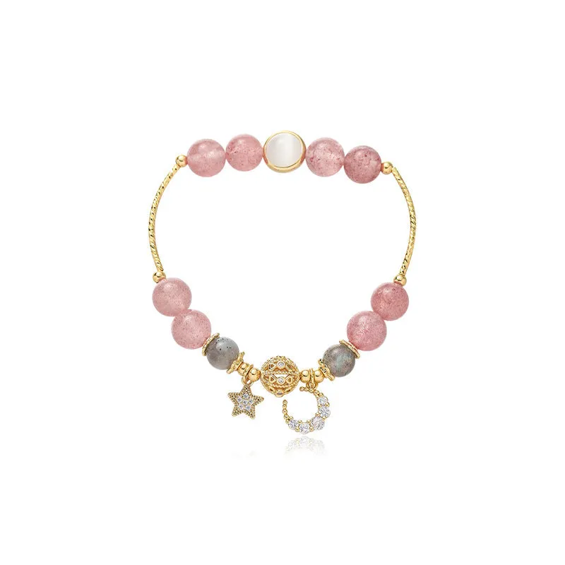 Natural stone bracelet with crystal beads and star moon alloy charms for women, retro pastoral style