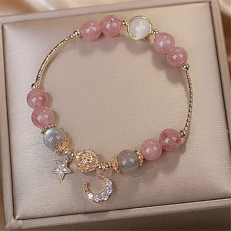 Natural stone bracelet with crystal beads and star moon alloy charms for women, retro pastoral style