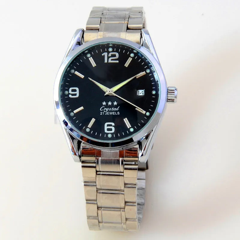 Men's automatic mechanical watch with 40.5mm dial, mineral glass, black dial, and pointer display