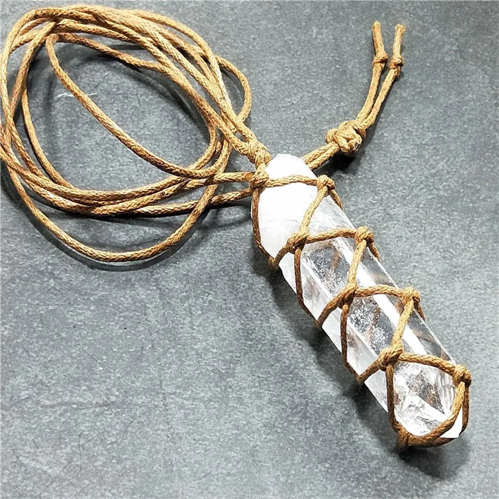 White crystal pillar pendant necklace in transparent colour with geometric shape hanging from chain