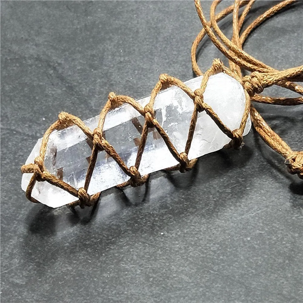 White crystal pillar pendant necklace in transparent colour with geometric shape hanging from chain