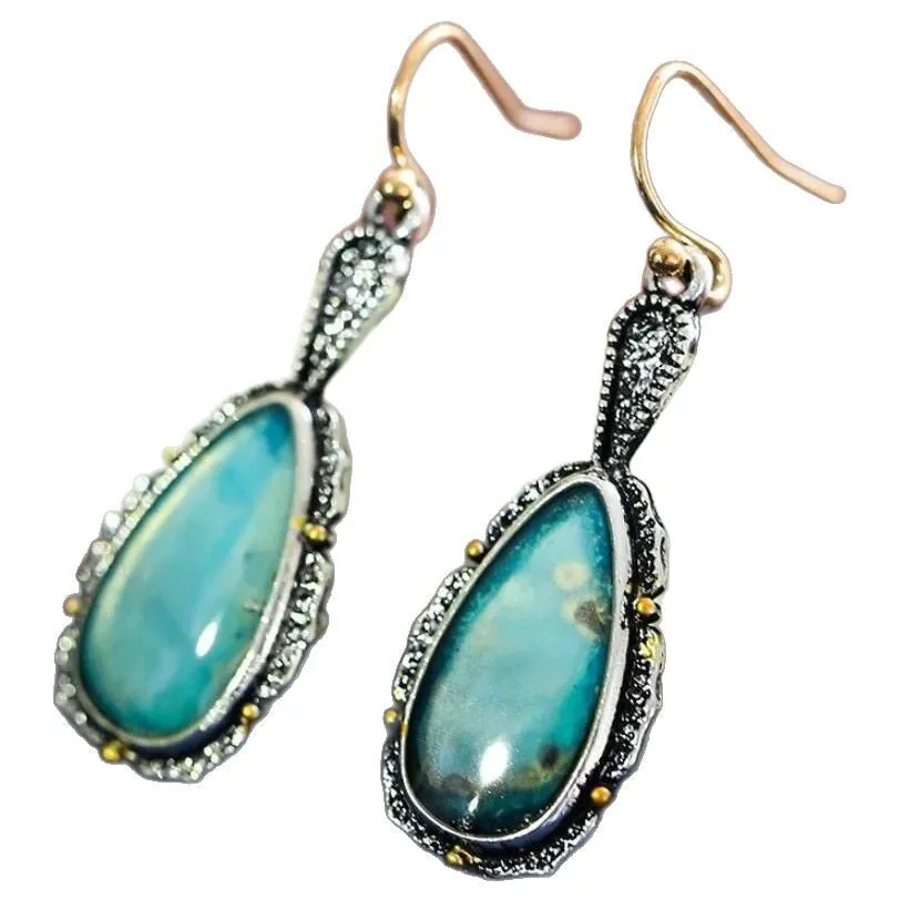 Antique silver turquoise vintage drop earrings teardrop petal Maillard style alloy women jewellery
